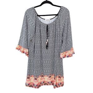 CUKY Boho Tunic Geo Print Tribal Bell Sleeve Blouse Keyhold Beads Plus Size 2XL